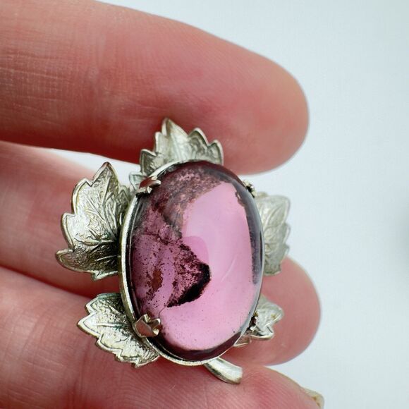 VTG Amethyst Glass Necklace Earrings Set Foil Back Cabochons Silver Tone Leaves - Picture 10 of 10